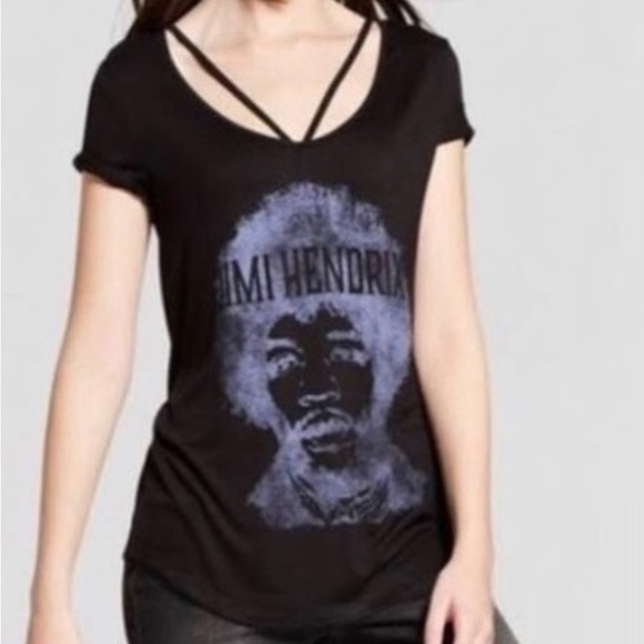 Womens Sz.M Karl Ferris Jimi Hendrix V-neck Black lavender graphic T-Shirt EUC - Picture 1 of 4